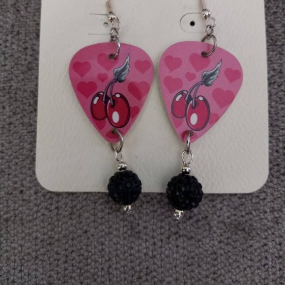 CHERRIES GUITAR PICK EARRINGS WITH BLACK PAVE BEAD BALLS - Picture 1 of 1